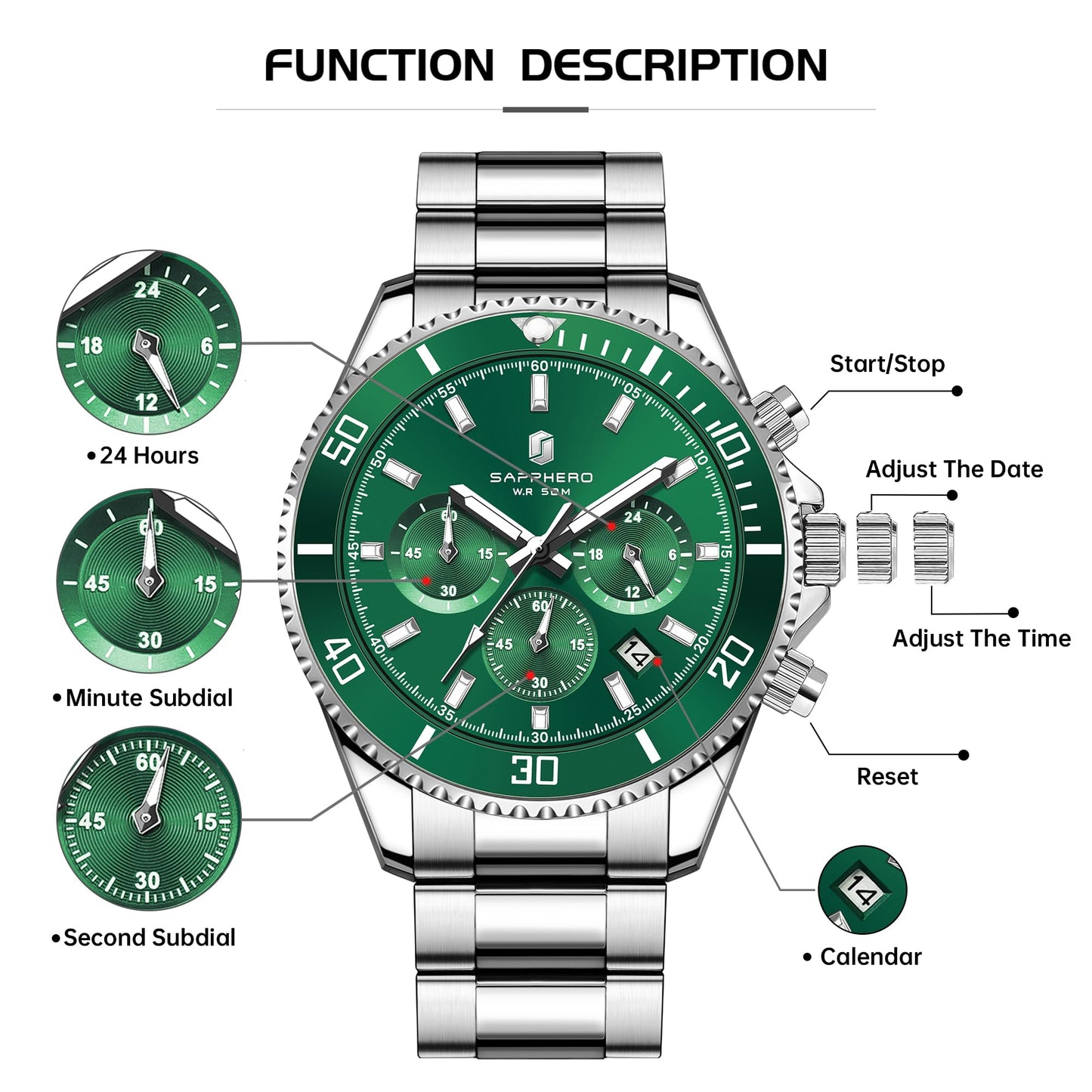 SAPPHERO Mens Watches Analog Quartz Chronograph Stainless Steel Watches for Men 50M Waterproof Men's Wrist Watch with Calendar Luxury Business Work Casual Watch Elegant Gifts for Mens - League Looks