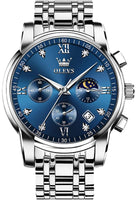 OLEVS Watches for Men Silver Mens Watches Large Blue Face Men's Wrist Watch Luxury Waterproof Stainless Steel Quartz Chronograph Fashion Mens Dress Watch Relojes para Hombres - League Looks