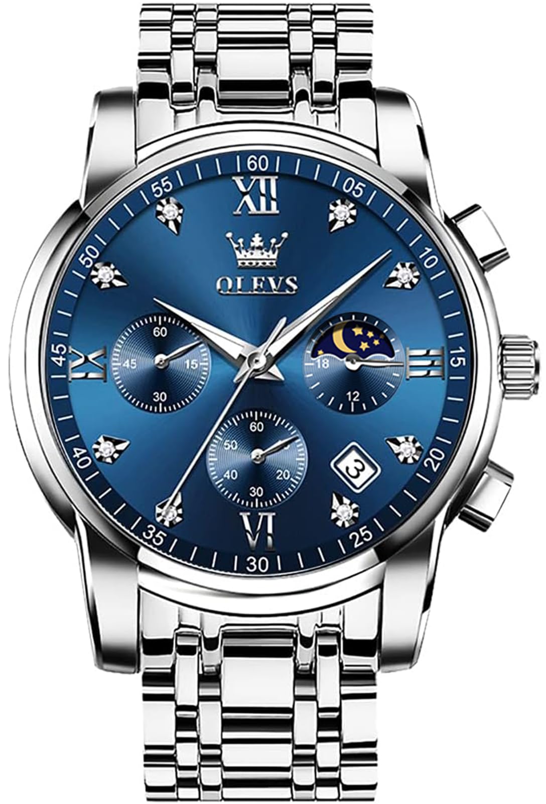 OLEVS Watches for Men Silver Mens Watches Large Blue Face Men's Wrist Watch Luxury Waterproof Stainless Steel Quartz Chronograph Fashion Mens Dress Watch Relojes para Hombres - League Looks