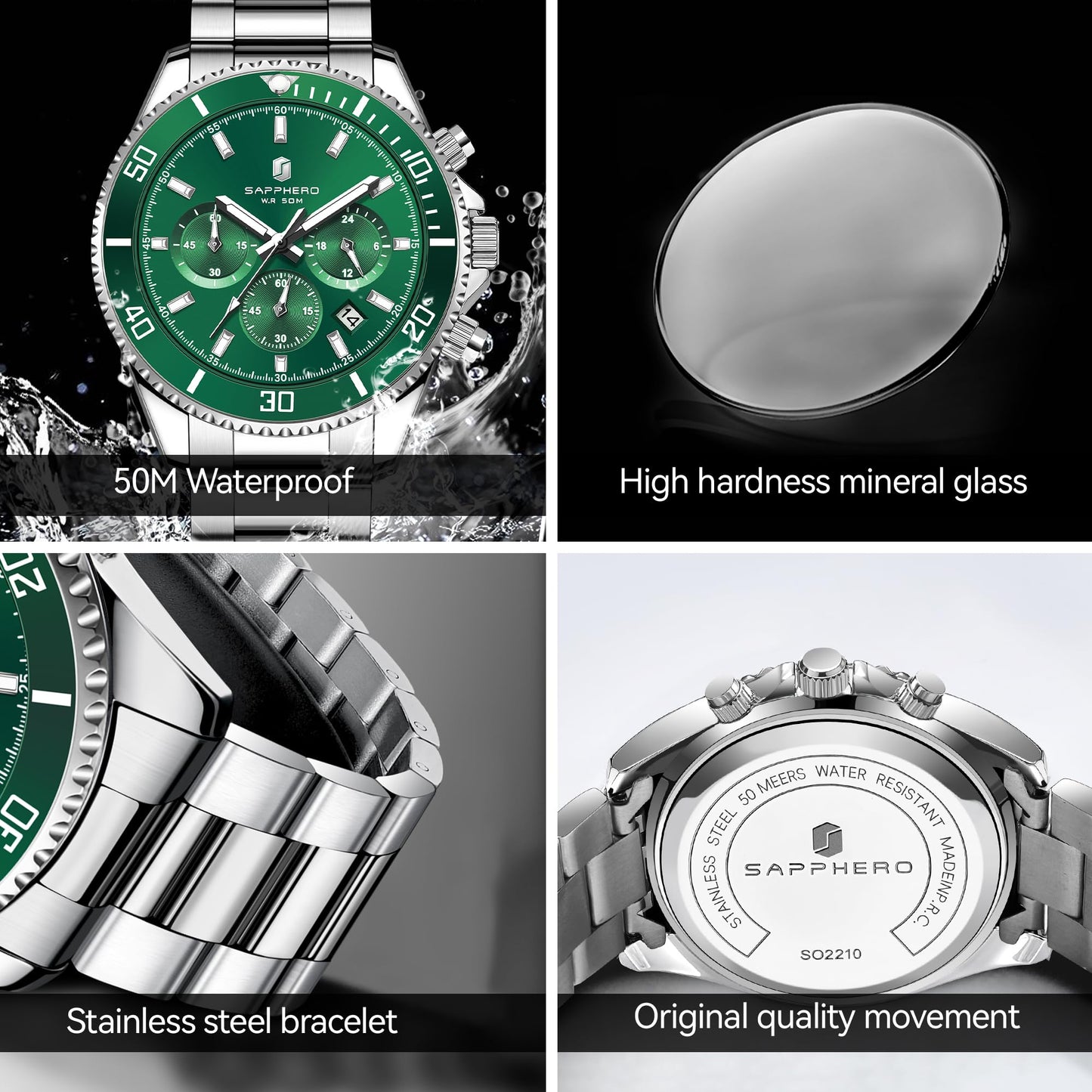 SAPPHERO Mens Watches Analog Quartz Chronograph Stainless Steel Watches for Men 50M Waterproof Men's Wrist Watch with Calendar Luxury Business Work Casual Watch Elegant Gifts for Mens - League Looks