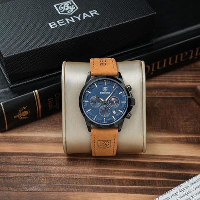 by BENYAR Watches for Men Chronograph Waterproof Luminous Date Men's Wrist Watches Business Work Casual Sport Fashion Leather Strap Dress Watch Designer Elegant Gifts for Men - League Looks