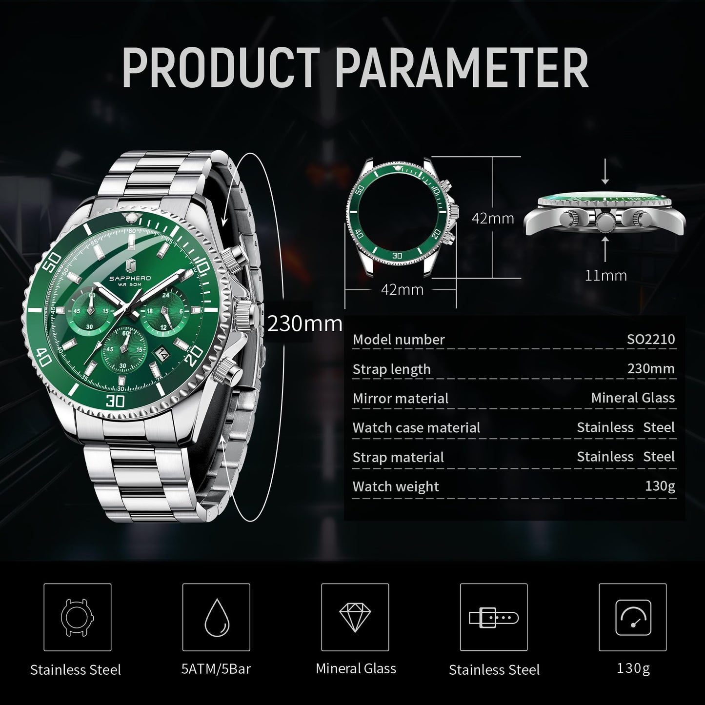 SAPPHERO Mens Watches Analog Quartz Chronograph Stainless Steel Watches for Men 50M Waterproof Men's Wrist Watch with Calendar Luxury Business Work Casual Watch Elegant Gifts for Mens - League Looks