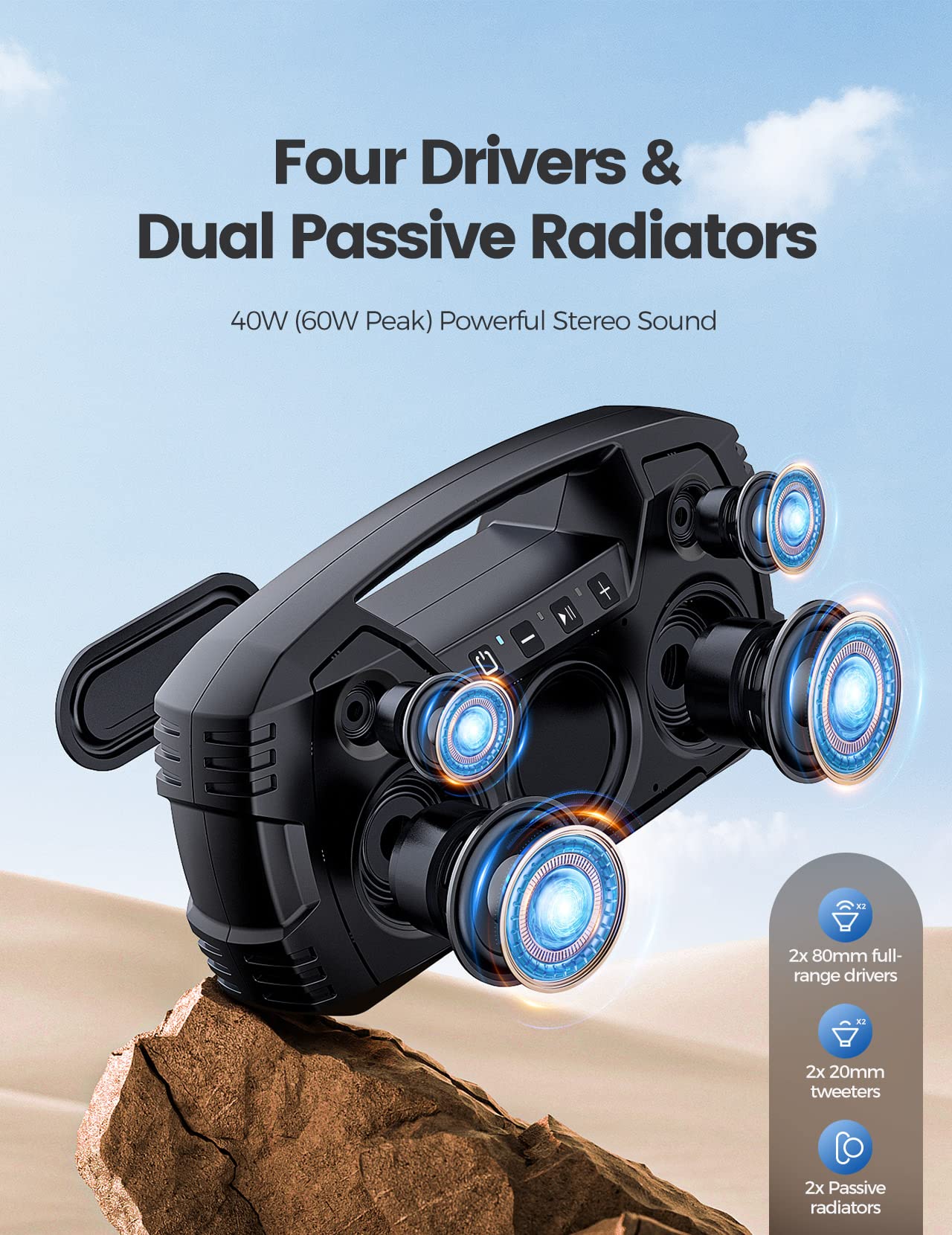 IPX7 Waterproof Bluetooth Speaker, 40W(60 Peak) Portable Wireless Speakers with Subwoofer, 32H Playtime, Stereo Loud Sound, Deep Bass, Bluetooth 5.0 with Handle for Pool, Beach, Outdoor, Gifts - League Looks