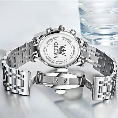 OLEVS Watches for Men Silver Mens Watches Large Blue Face Men's Wrist Watch Luxury Waterproof Stainless Steel Quartz Chronograph Fashion Mens Dress Watch Relojes para Hombres - League Looks