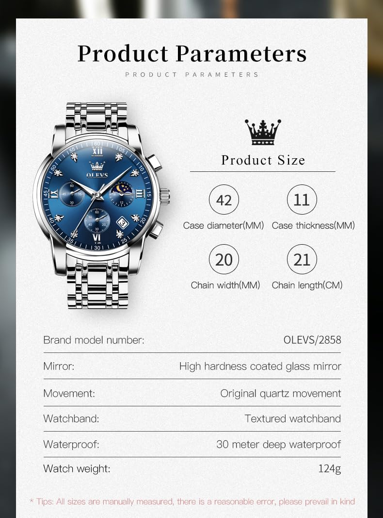 OLEVS Watches for Men Silver Mens Watches Large Blue Face Men's Wrist Watch Luxury Waterproof Stainless Steel Quartz Chronograph Fashion Mens Dress Watch Relojes para Hombres - League Looks