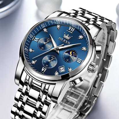 OLEVS Watches for Men Silver Mens Watches Large Blue Face Men's Wrist Watch Luxury Waterproof Stainless Steel Quartz Chronograph Fashion Mens Dress Watch Relojes para Hombres - League Looks