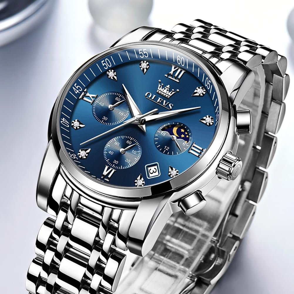 OLEVS Watches for Men Silver Mens Watches Large Blue Face Men's Wrist Watch Luxury Waterproof Stainless Steel Quartz Chronograph Fashion Mens Dress Watch Relojes para Hombres - League Looks