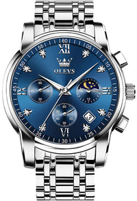 OLEVS Watches for Men Silver Mens Watches Large Blue Face Men's Wrist Watch Luxury Waterproof Stainless Steel Quartz Chronograph Fashion Mens Dress Watch Relojes para Hombres - League Looks