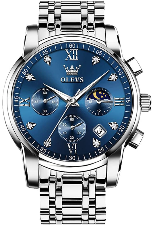OLEVS Watches for Men Silver Mens Watches Large Blue Face Men's Wrist Watch Luxury Waterproof Stainless Steel Quartz Chronograph Fashion Mens Dress Watch Relojes para Hombres - League Looks