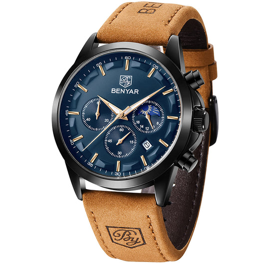 by BENYAR Watches for Men Chronograph Waterproof Luminous Date Men's Wrist Watches Business Work Casual Sport Fashion Leather Strap Dress Watch Designer Elegant Gifts for Men - League Looks