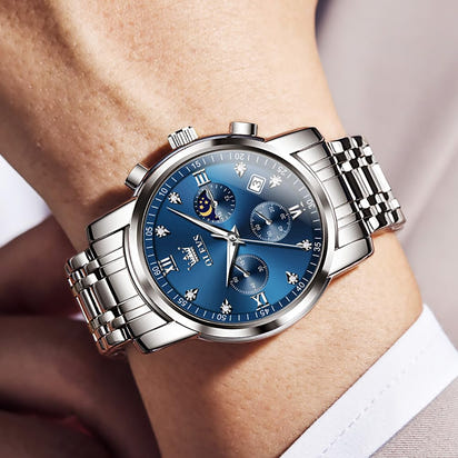 OLEVS Watches for Men Silver Mens Watches Large Blue Face Men's Wrist Watch Luxury Waterproof Stainless Steel Quartz Chronograph Fashion Mens Dress Watch Relojes para Hombres - League Looks
