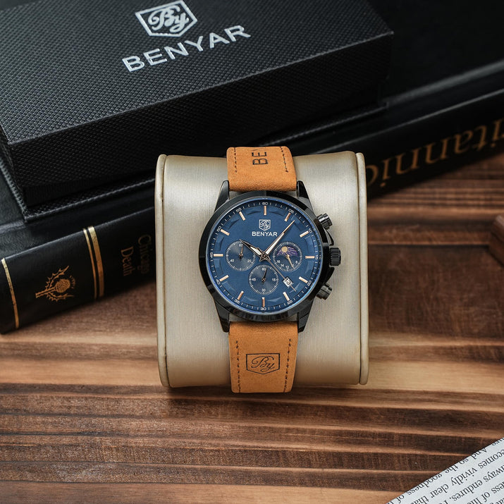 by BENYAR Watches for Men Chronograph Waterproof Luminous Date Men's Wrist Watches Business Work Casual Sport Fashion Leather Strap Dress Watch Designer Elegant Gifts for Men - League Looks
