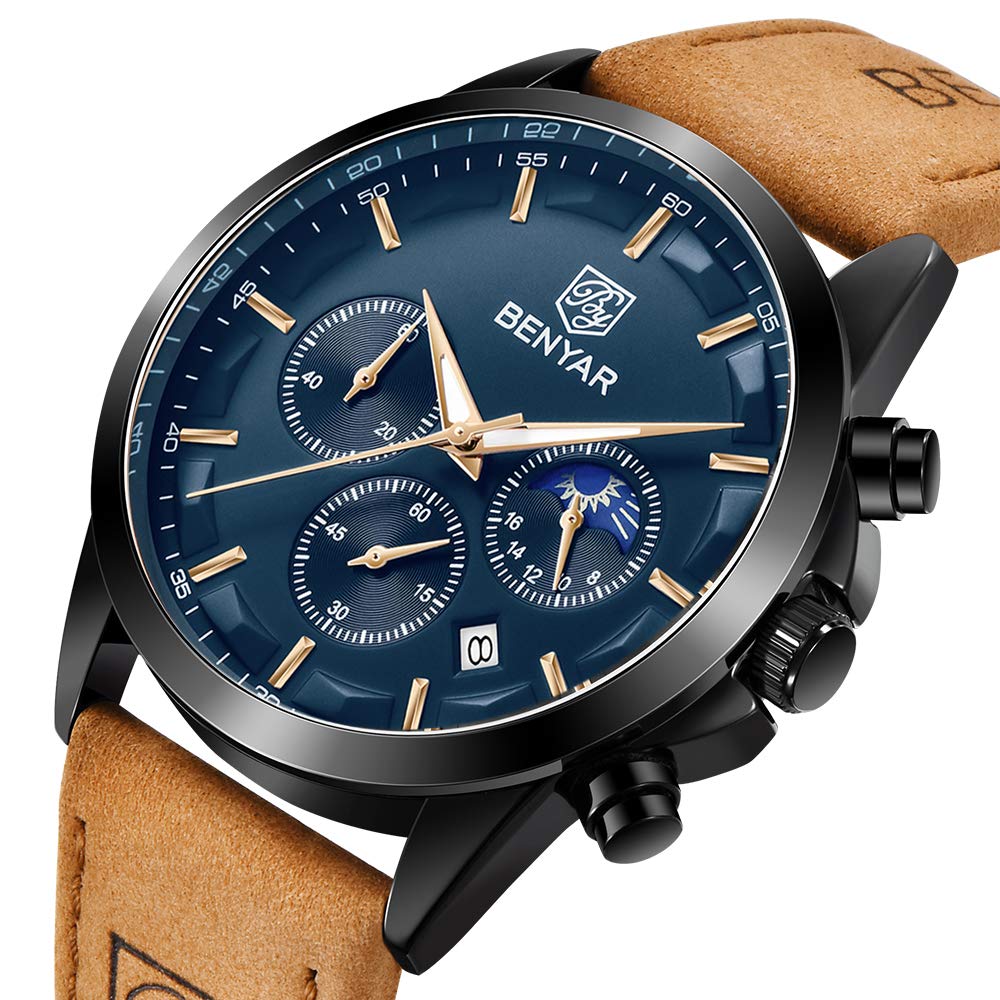 by BENYAR Watches for Men Chronograph Waterproof Luminous Date Men's Wrist Watches Business Work Casual Sport Fashion Leather Strap Dress Watch Designer Elegant Gifts for Men - League Looks