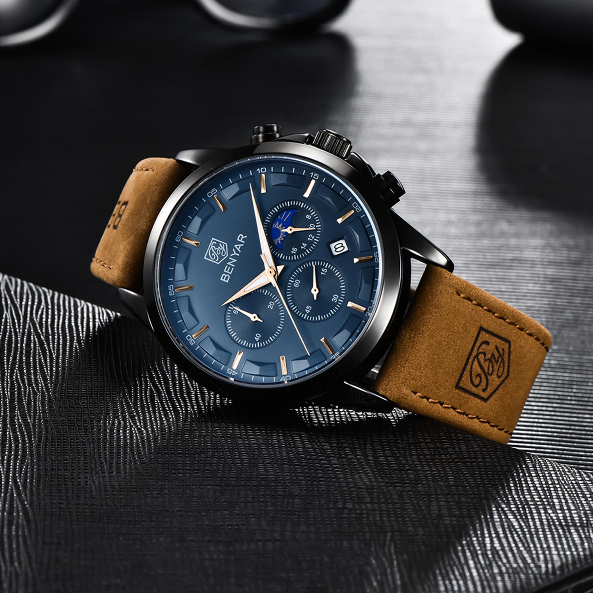by BENYAR Watches for Men Chronograph Waterproof Luminous Date Men's Wrist Watches Business Work Casual Sport Fashion Leather Strap Dress Watch Designer Elegant Gifts for Men - League Looks