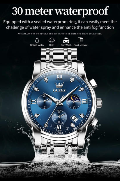OLEVS Watches for Men Silver Mens Watches Large Blue Face Men's Wrist Watch Luxury Waterproof Stainless Steel Quartz Chronograph Fashion Mens Dress Watch Relojes para Hombres - League Looks