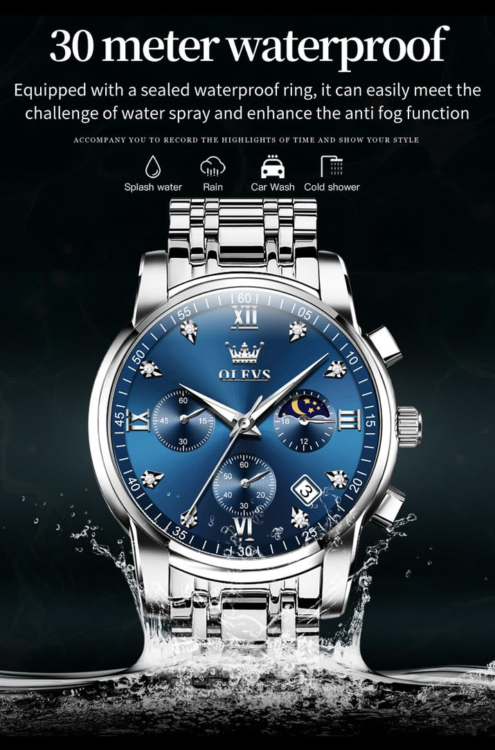 OLEVS Watches for Men Silver Mens Watches Large Blue Face Men's Wrist Watch Luxury Waterproof Stainless Steel Quartz Chronograph Fashion Mens Dress Watch Relojes para Hombres - League Looks