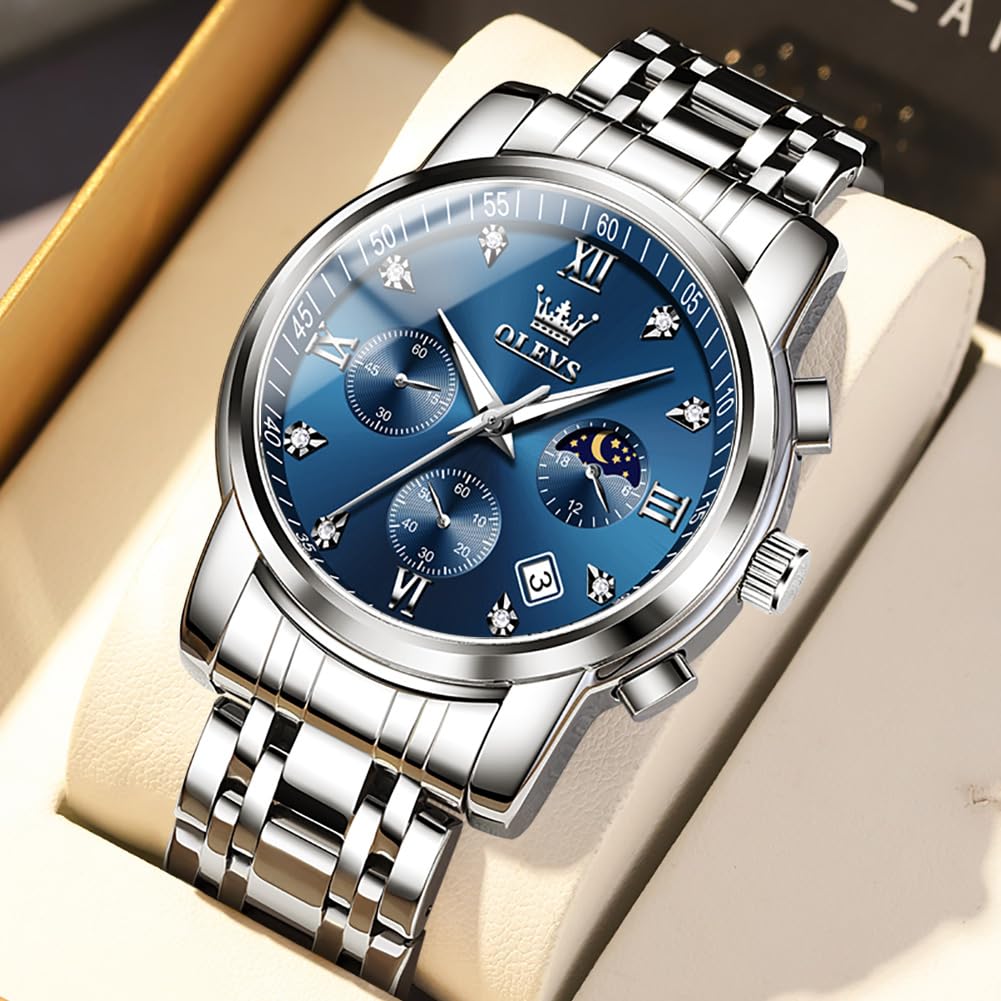 OLEVS Watches for Men Silver Mens Watches Large Blue Face Men's Wrist Watch Luxury Waterproof Stainless Steel Quartz Chronograph Fashion Mens Dress Watch Relojes para Hombres - League Looks
