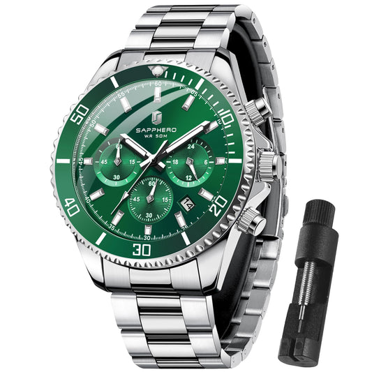 SAPPHERO Mens Watches Analog Quartz Chronograph Stainless Steel Watches for Men 50M Waterproof Men's Wrist Watch with Calendar Luxury Business Work Casual Watch Elegant Gifts for Mens - League Looks