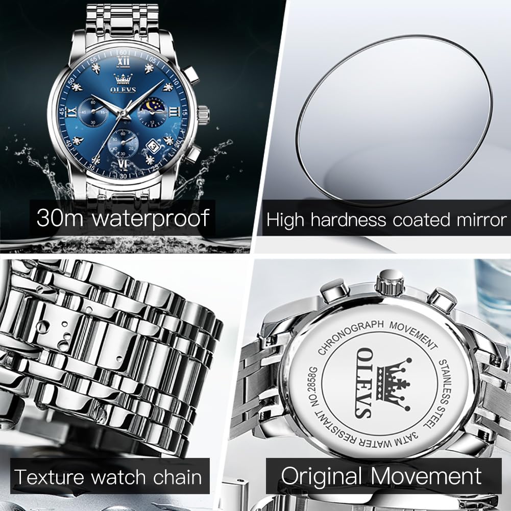 OLEVS Watches for Men Silver Mens Watches Large Blue Face Men's Wrist Watch Luxury Waterproof Stainless Steel Quartz Chronograph Fashion Mens Dress Watch Relojes para Hombres - League Looks