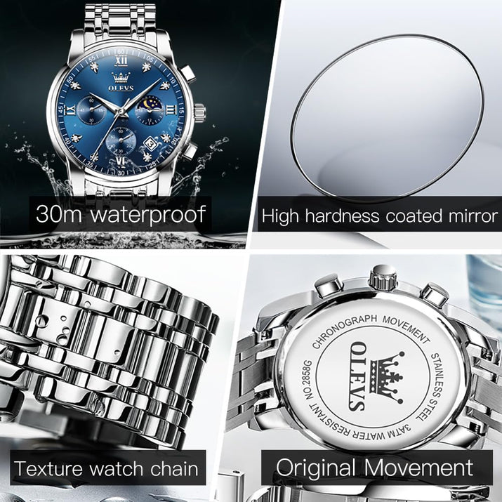 OLEVS Watches for Men Silver Mens Watches Large Blue Face Men's Wrist Watch Luxury Waterproof Stainless Steel Quartz Chronograph Fashion Mens Dress Watch Relojes para Hombres - League Looks