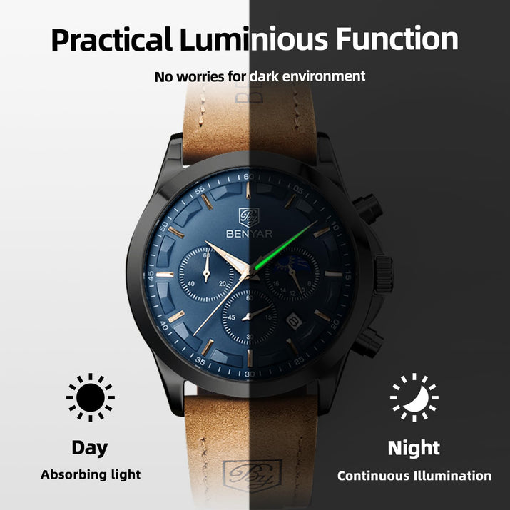 by BENYAR Watches for Men Chronograph Waterproof Luminous Date Men's Wrist Watches Business Work Casual Sport Fashion Leather Strap Dress Watch Designer Elegant Gifts for Men - League Looks