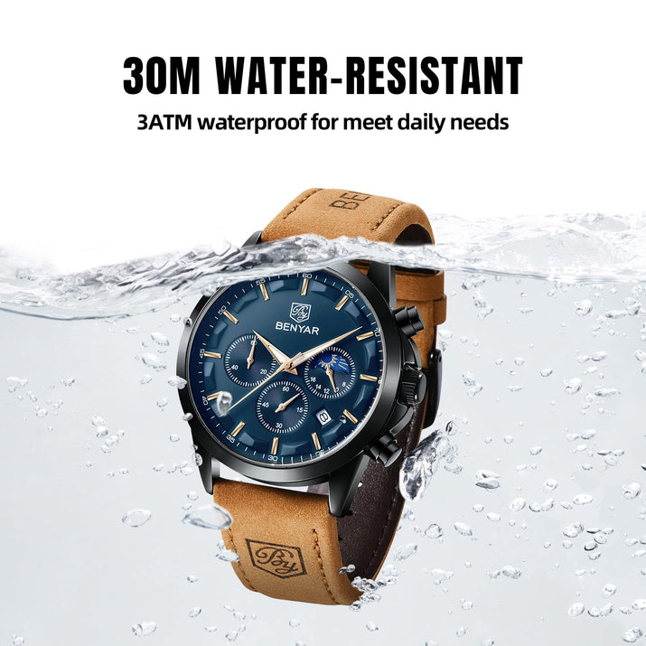 by BENYAR Watches for Men Chronograph Waterproof Luminous Date Men's Wrist Watches Business Work Casual Sport Fashion Leather Strap Dress Watch Designer Elegant Gifts for Men - League Looks