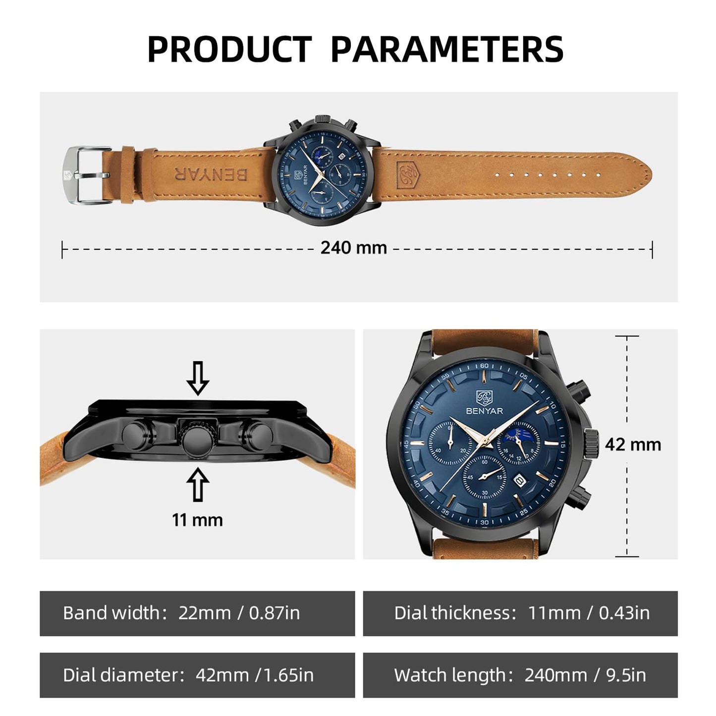 by BENYAR Watches for Men Chronograph Waterproof Luminous Date Men's Wrist Watches Business Work Casual Sport Fashion Leather Strap Dress Watch Designer Elegant Gifts for Men - League Looks